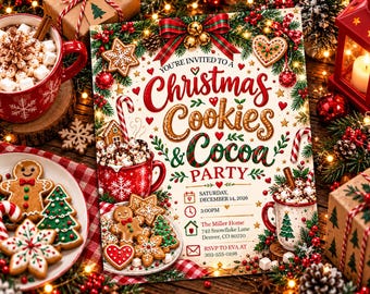 Hot Cocoa Christmas Party Invitation, Holiday Party Invite, Marshmellows and Cookies Digital Christmas Invitation