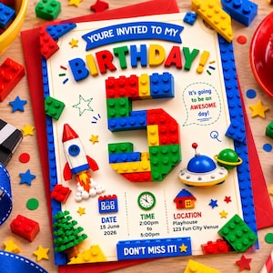 Puede incluir: Una tarjeta de invitación de cumpleaños con un número 5 grande construido con bloques de construcción de plástico de colores. El texto dice: You're invited to my birthday! It's going to be an awesome day! Date: 15 June 2026, Time: 2:00pm to 5:00pm, Location: Playhouse 123 Fun City Venue. Don't miss it!