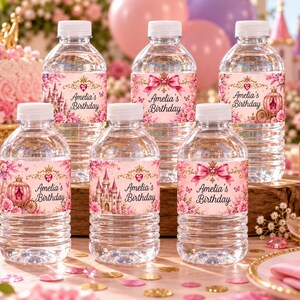 Personalized Birthday Water Bottle Labels Princess Design, Printable Party Labels, Digital Download