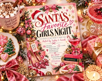 Santa's Girls Christmas Party Invitation, Holiday Party Invite, Friendsmas Digital Christmas Invitation