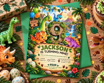 Dinosaur 9th Birthday Invitation , Editable T Rex Dino World Party Invite, Editable Canva Template