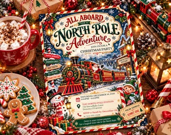North Pole Train Christmas Party Invitation, Holiday Party Invite, Santa Claus Digital Christmas Invitation, All Aboard Adventure