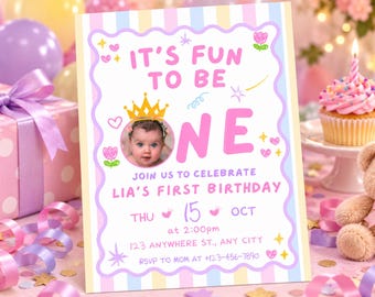 It's Fun To Be One Birthday Invite Editable Photo Girl's, First Birthday Baby Girl Invitation Canva Template