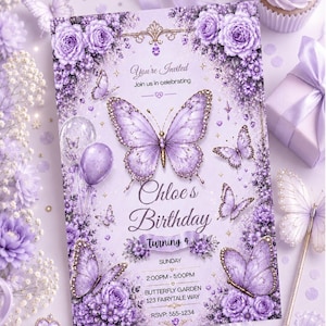 May include: A rectangular birthday invitation card in shades of lavender and purple featuring a large central butterfly, floral arrangements, and the text: You're Invited, Chloe's Birthday, Turning 4, Sunday, 2:00PM-5:00PM, Butterfly Garden, 123 Fairytale Way, RSVP: 555-1234.