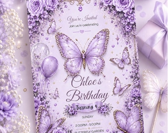 May include: A rectangular birthday invitation card in shades of lavender and purple featuring a large central butterfly, floral arrangements, and the text: You're Invited, Chloe's Birthday, Turning 4, Sunday, 2:00PM-5:00PM, Butterfly Garden, 123 Fairytale Way, RSVP: 555-1234.