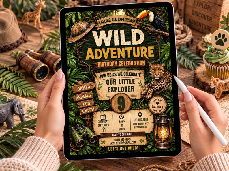 May include: A digital tablet displaying a Wild Adventure birthday invitation with jungle foliage, a toucan, a leopard, a pith helmet, binoculars, and a lantern. The text includes Calling All Explorers, Wild Adventure, Birthday Celebration, and event details.