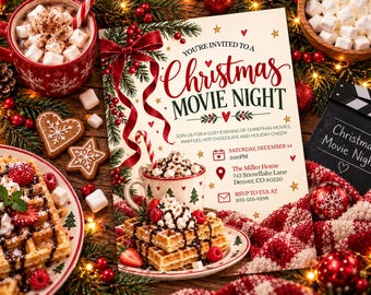 Movie Night Christmas Party Invitation, Holiday Party Invite, Popcorn & Waffles With Friends Digital Christmas Invitation