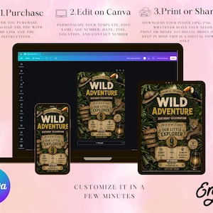 May include: A digital birthday invitation template titled Wild Adventure featuring jungle foliage, a toucan, a leopard, and a lantern. The design includes text fields for event details, age, and location, displayed on a laptop, tablet, and smartphone screen.