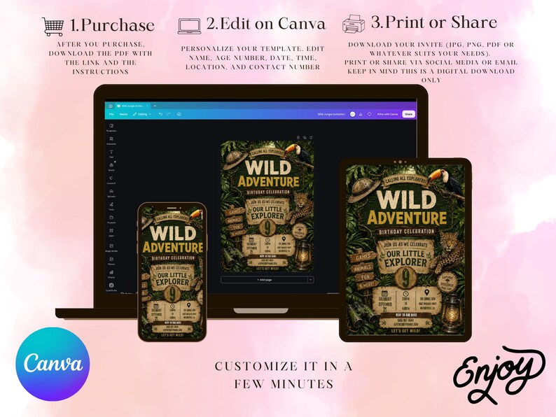 May include: A digital birthday invitation template titled Wild Adventure featuring jungle foliage, a toucan, a leopard, and a lantern. The design includes text fields for event details, age, and location, displayed on a laptop, tablet, and smartphone screen.
