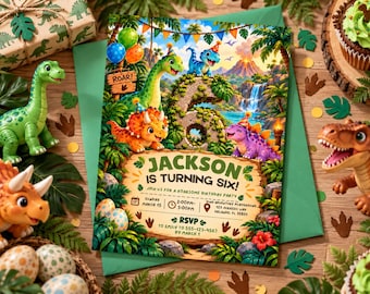 Dinosaur 6th Birthday Invitation , Editable T Rex Dino World Party Invite, Editable Canva Template