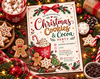 Hot Cocoa & Marshmallows Christmas Party Invitation, Holiday Party Invite, Cookies Digital Christmas Invitation