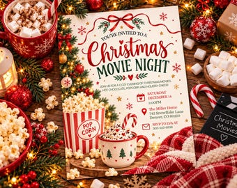 Christmas Movie Night Party Invitation, Holiday Party Invite, Popcorn & Hot Cocoa Digital Christmas Invitation