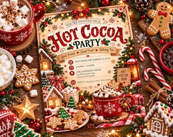 Hot Cocoa Christmas Party Invitation, Holiday Party Invite, Marshmellows and Cookies Digital Christmas Invitation