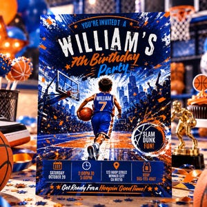 Invitación de cumpleaños con temática de baloncesto para niños, fiesta temática de deportes, descarga digital imprimible, plantilla de Canva, deportes azules y naranjas