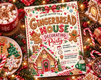 Gingerbread House & Cookies Christmas Party Invitation, Holiday Party Invite, Friendsmas Digital Christmas Invitation
