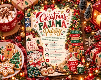 Pajama Christmas Family Party Invitation, Holiday Party Invite, Merry Little Xmas Digital Christmas Invitation