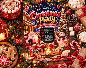 Santa's Christmas Birthday Party Invitation, Holiday Party Invite, Snowflake and Xmas Tree, Friendsmas Digital Invitation