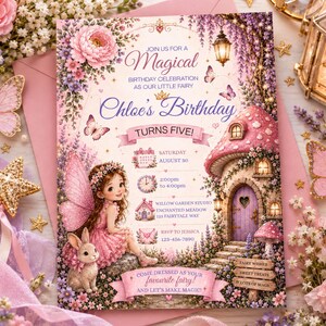 May include: A rectangular birthday invitation card featuring a fairy, a mushroom house, and butterflies. Text reads: Join us for a Magical birthday celebration as our little fairy Chloe's Birthday turns five! Saturday August 30, 2:00pm to 4:00pm.