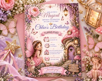 May include: A rectangular birthday invitation card featuring a fairy, a mushroom house, and butterflies. Text reads: Join us for a Magical birthday celebration as our little fairy Chloe's Birthday turns five! Saturday August 30, 2:00pm to 4:00pm.