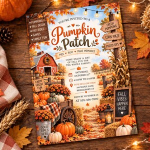 May include: A rectangular invitation flyer for a Pumpkin Patch event featuring a red barn, pumpkins, and autumn foliage. The text includes event details, date, time, location, and RSVP information, with a rustic wooden sign design.