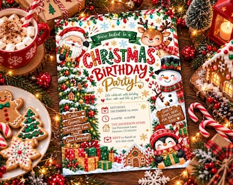 Santa's Christmas Birthday Party Invitation, Holiday Party Invite, Snowflake, Reindeer and Xmas Tree, Friendsmas Digital Invitation