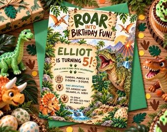 Dinosaur Birthday Invitation , Editable T Rex Dino World Party Invite, Party Design Canva Template