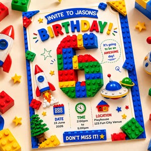 Puede incluir: Una tarjeta de invitación para el sexto cumpleaños de Jason con un gran número 6 construido con bloques de construcción coloridos. La tarjeta incluye detalles de fecha, hora y lugar, rodeados de ilustraciones de cohetes, ovnis y bloques.