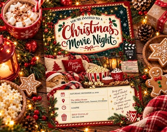 Movie Night Christmas Party Invitation, Holiday Party Invite, Popcorn With Friends Digital Christmas Invitation