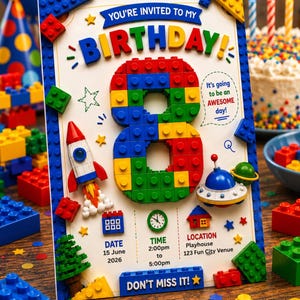 Puede incluir: Una tarjeta de invitación de cumpleaños rectangular con un gran número 8 construido con bloques de construcción de plástico de colores. La tarjeta muestra el texto YOU'RE INVITED TO MY BIRTHDAY, un cohete, un OVNI, un reloj y los detalles del evento.
