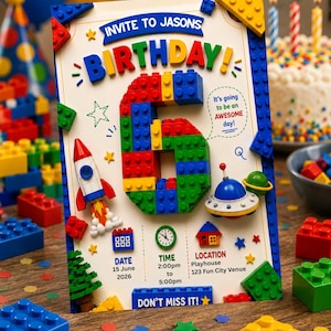 Può includere: Un biglietto d'invito di compleanno rettangolare con un grande numero 6 costruito con mattoncini di plastica colorati. Il biglietto include il testo: INVITE TO JASON'S BIRTHDAY, 15 June 2026, 2:00pm to 5:00pm, Playhouse 123 Fun City Venue e DON'T MISS IT!