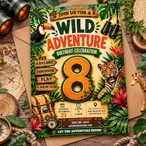 Puede incluir: Una tarjeta de invitación de cumpleaños rectangular con temática de selva, un gran número ocho naranja, un tucán y un tigre. El texto dice JOIN US FOR A WILD ADVENTURE BIRTHDAY CELEBRATION, EXPLORE, DISCOVER, PLAY, & HAVE FUN, e incluye los detalles del evento.