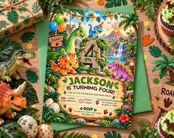 Dinosaur 4th Birthday Invitation , Editable T Rex Dino World Party Invite, Editable Canva Template