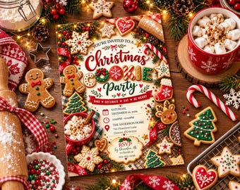 Christmas Party Invitation, Holiday Party Invite, Gingerbread and Cookies Digital Christmas Invitation
