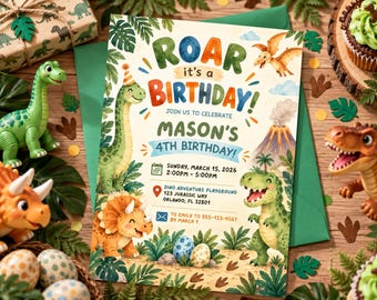 Dinosaur Birthday Invitation , Editable T Rex Dino World Party Invite, Minimal Design Canva Template