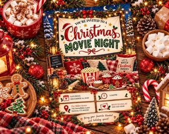 Movie Night Christmas Party Invitation, Holiday Party Invite, Popcorn With Friends Digital Christmas Invitation