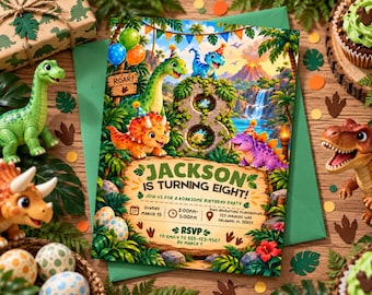 Dinosaur 8th Birthday Invitation , Editable T Rex Dino World Party Invite, Editable Canva Template