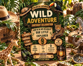 Könnte beinhalten: Eine rechteckige Geburtstagseinladungskarte mit Dschungelmotiv, dem Text Wild Adventure Birthday Celebration, Join Us As We Celebrate Our Little Explorer und den Details für eine 9. Geburtstagsfeier am 21. September.