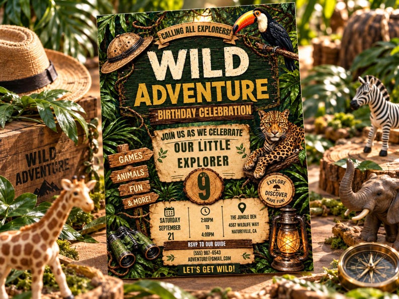 May include: A rectangular birthday invitation card featuring a jungle theme with the text Wild Adventure Birthday Celebration, Join Us As We Celebrate Our Little Explorer, and details for a 9th birthday party on September 21st.