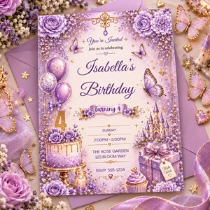 May include: A rectangular birthday invitation card featuring purple roses, butterflies, balloons, a castle, a cake, and a gift box. The text reads: You're Invited, Isabella's Birthday, Turning 4, Sunday, 2:00PM-5:00PM, The Rose Garden, 123 Bloom Way, RSVP: 555-1234.