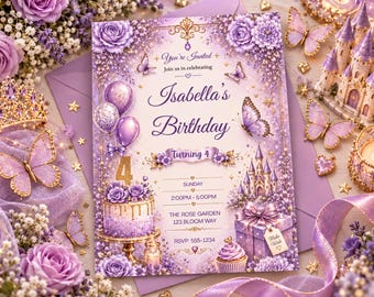 May include: A rectangular birthday invitation card featuring purple roses, butterflies, balloons, a castle, a cake, and a gift box. The text reads: You're Invited, Isabella's Birthday, Turning 4, Sunday, 2:00PM-5:00PM, The Rose Garden, 123 Bloom Way, RSVP: 555-1234.