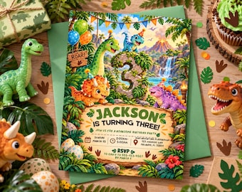 Dinosaur Birthday Invitation 3rd, Editable T Rex Dino World Party Invite, Editable Canva Template