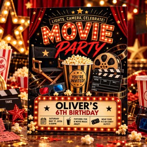 Puede incluir: Una tarjeta de invitación rectangular para una fiesta de cine con el texto LIGHTS, CAMERA, CELEBRATE! MOVIE PARTY, YOU'RE INVITED!, OLIVER'S 6TH BIRTHDAY, SATURDAY MAY 17, 2026 5:00PM, POPCORN, FUN AND MOVIE MAGIC AWAIT!, WEAR YOUR PJ'S OR COMFY OUTFIT!