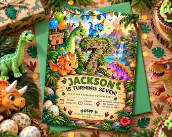 Dinosaur 7th Birthday Invitation , Editable T Rex Dino World Party Invite, Editable Canva Template