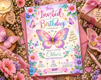 Blush Pink Colourful Floral Butterfly Birthday Invitation, Cute Violet Invite, Wildflower Boho Canva Template Digital Download