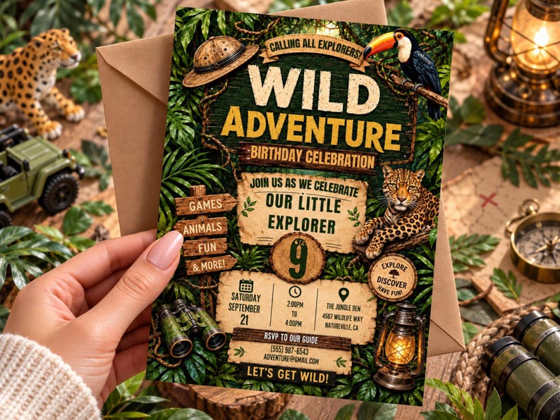 May include: A rectangular birthday invitation card featuring a jungle theme with a toucan, a leopard, a pith helmet, binoculars, and a lantern. The text reads Wild Adventure Birthday Celebration, Join Us As We Celebrate Our Little Explorer, 9, and event details.