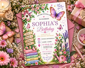 Blush Pink Floral Butterfly Birthday Invitation, Cute Violet Invite, Wildflower Boho Canva Template Digital Download