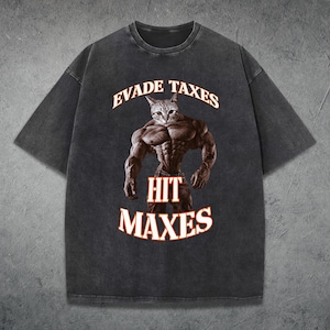 Può includere: T-shirt grigio scuro con un gatto muscoloso e la scritta "EVADE TAXES" e "HIT MAXES" in arancione. Il design è in tonalità marroni e bianche. La t-shirt ha un girocollo e maniche corte.
