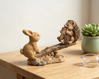 Cute Rabbit & Hedgehog Seesaw Resin Ornament — Garden Figurine, Succulent Pot Decor, Bonsai Accent, Whimsical Tabletop Gift