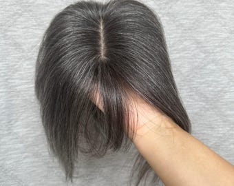 Salz und Pfeffer-Look 130% Haardichte Topper mit Pony: 8 x 12 cm 10 "Schwarz Grau