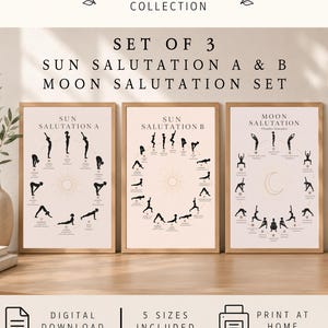 Pode incluir: Um conjunto de três cartazes emoldurados intitulados WELLNESS SETS COLLECTION, SET OF 3, SUN SALUTATION A & B, MOON SALUTATION SET. As impressões apresentam silhuetas pretas de poses de ioga em padrões circulares com texto em fundo claro.